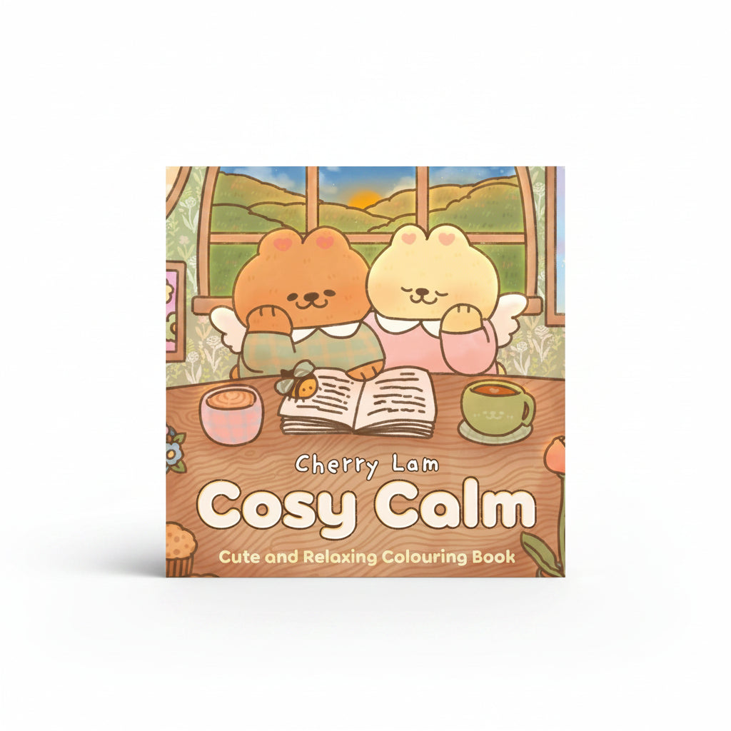 Cosy Calm cover with two cute animals reading at a sunlit window