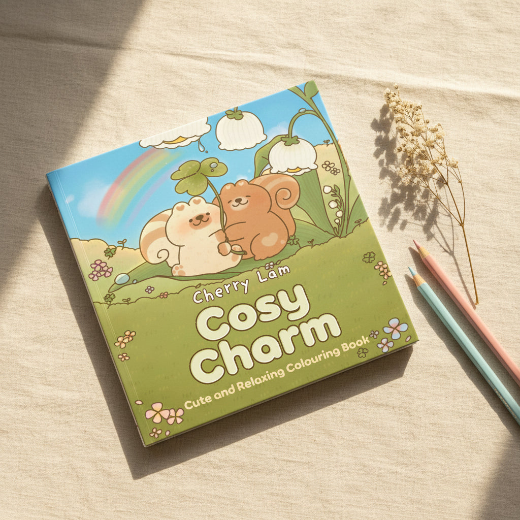 Cosy Charm cover showing cute animals resting on grass under a rainbow