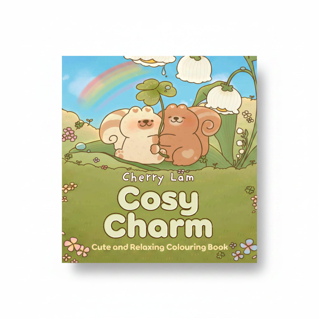 Cosy Charm cover showing cute animals resting on grass under a rainbow