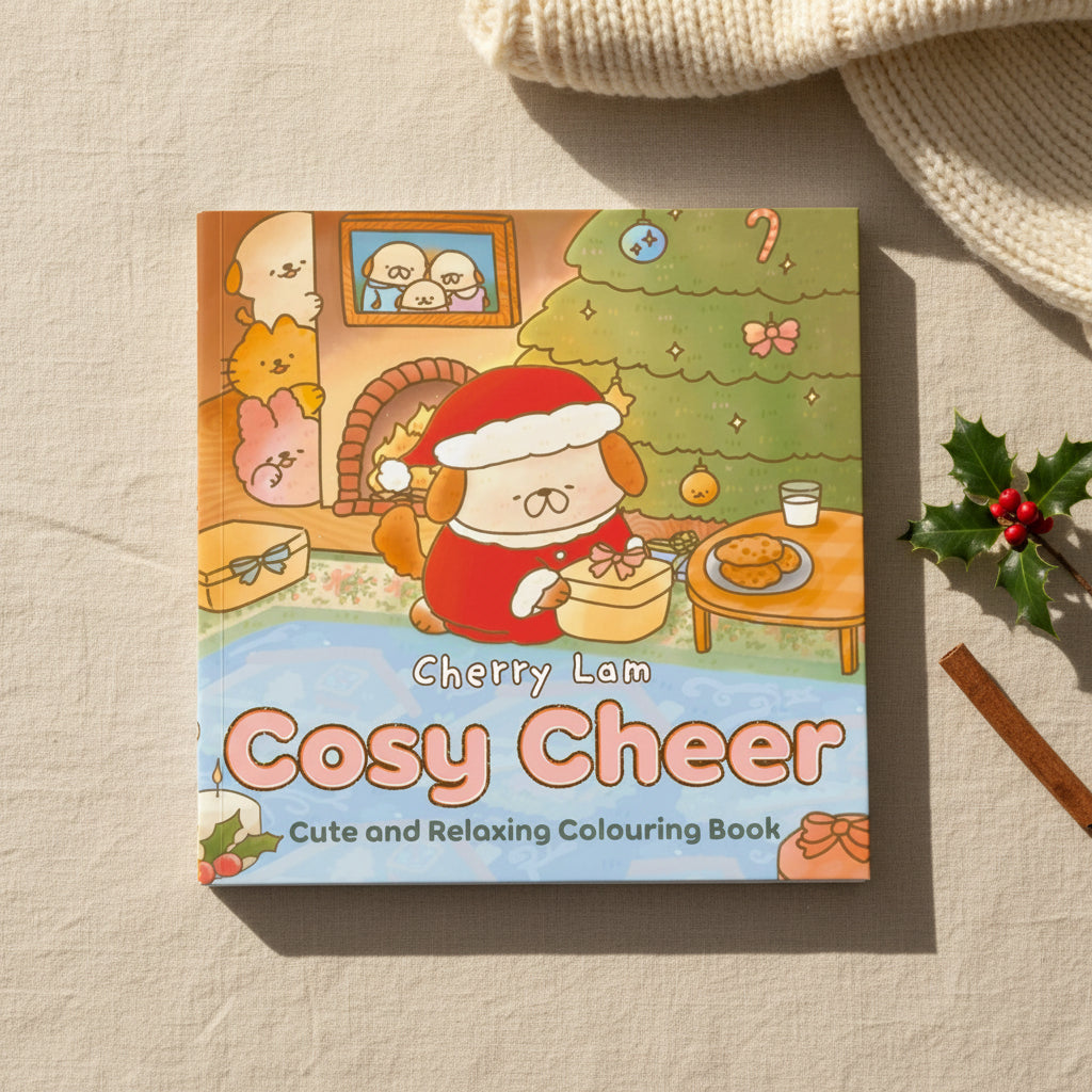 Cosy Cheer cover with a puppy in a Santa hat baking at Christmas