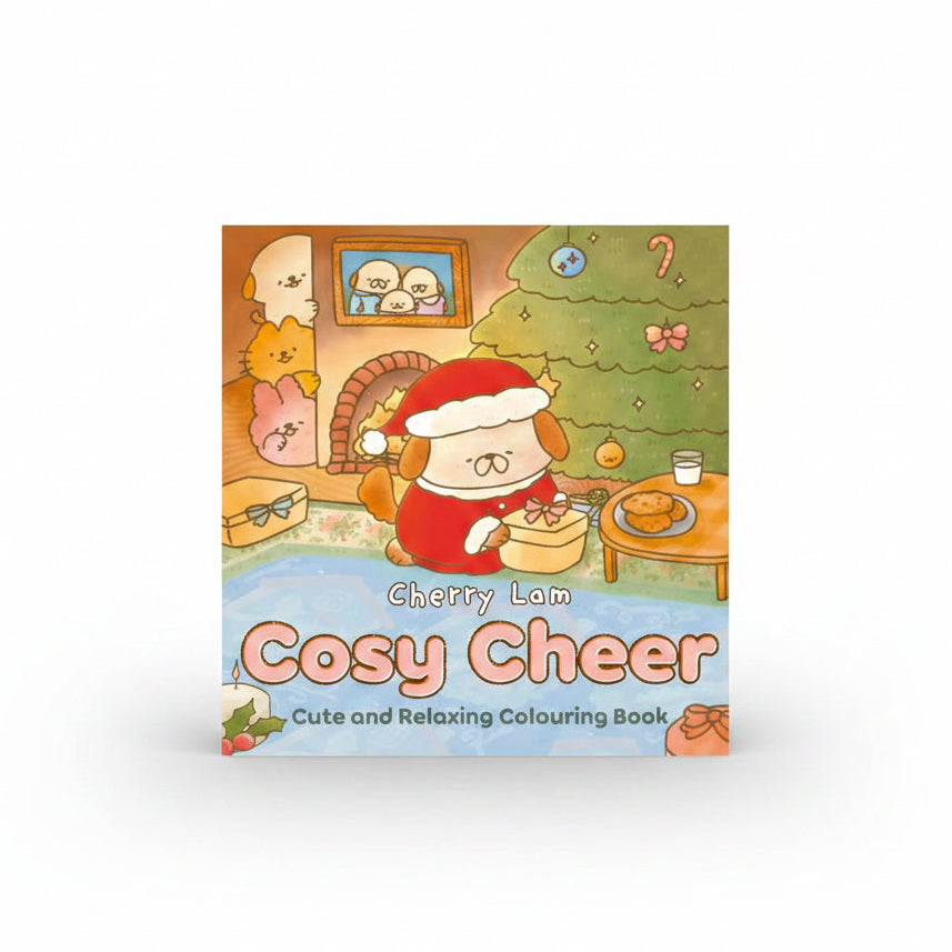 Cosy Cheer cover with a puppy in a Santa hat baking at Christmas