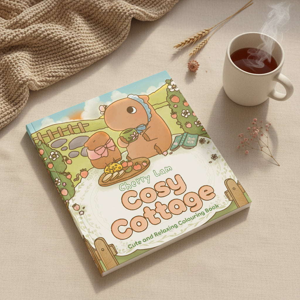 Cosy Cottage cover with a bear pouring tea in a garden