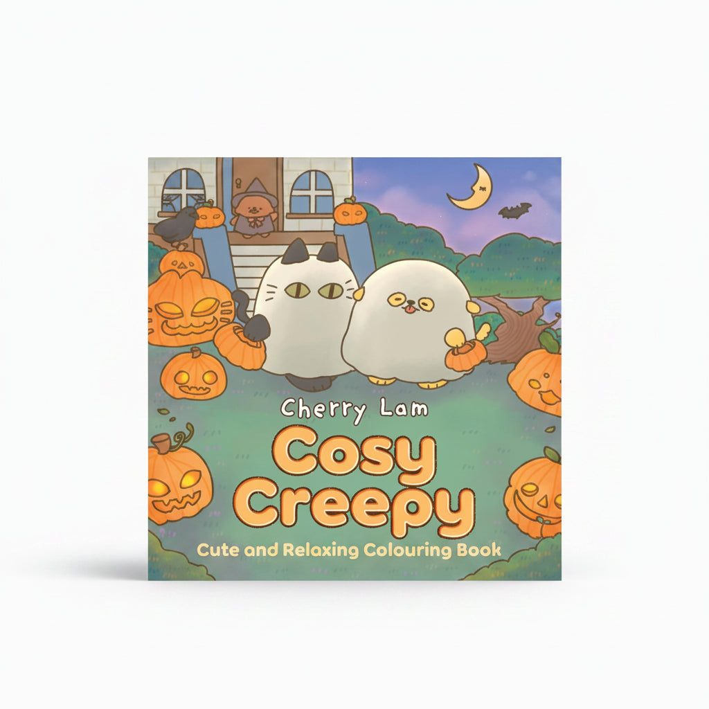 Cosy Creepy cover showing cats and pumpkins in a Halloween garden