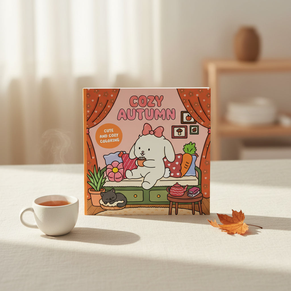Cozy Autumn cover with a bunny relaxing in a cosy pink room