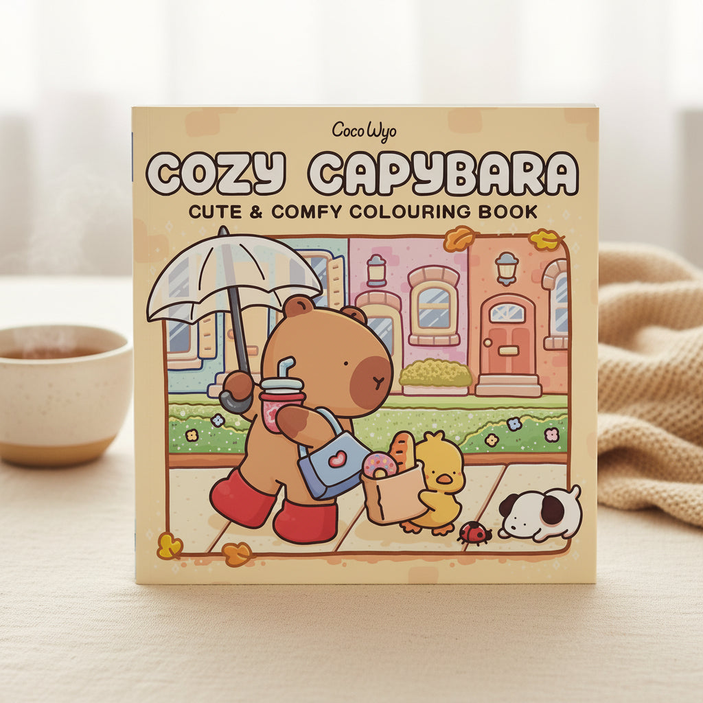 Cozy Capybara cover showing a capybara with an umbrella on a street
