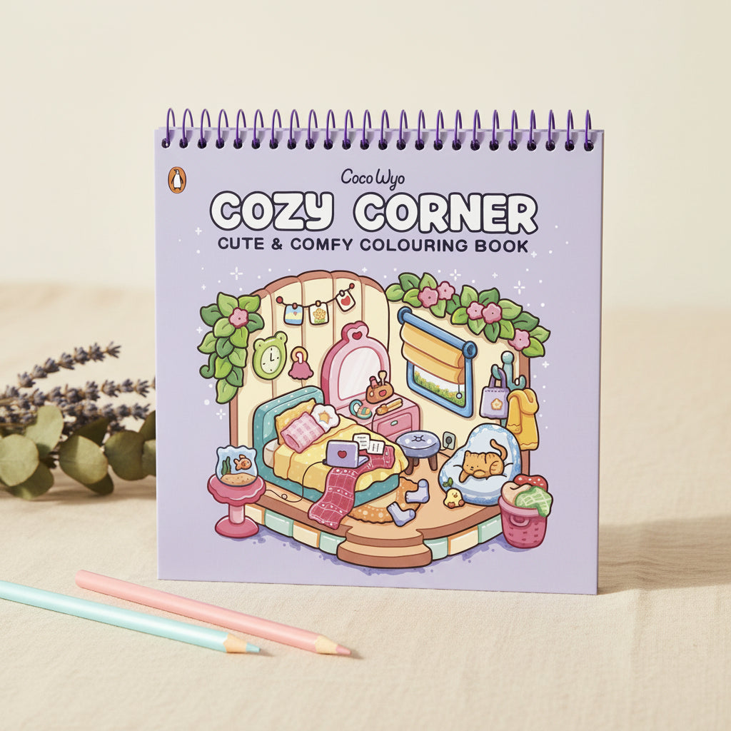 Cozy Corner spiral-bound colouring book cover with a cosy bedroom scene