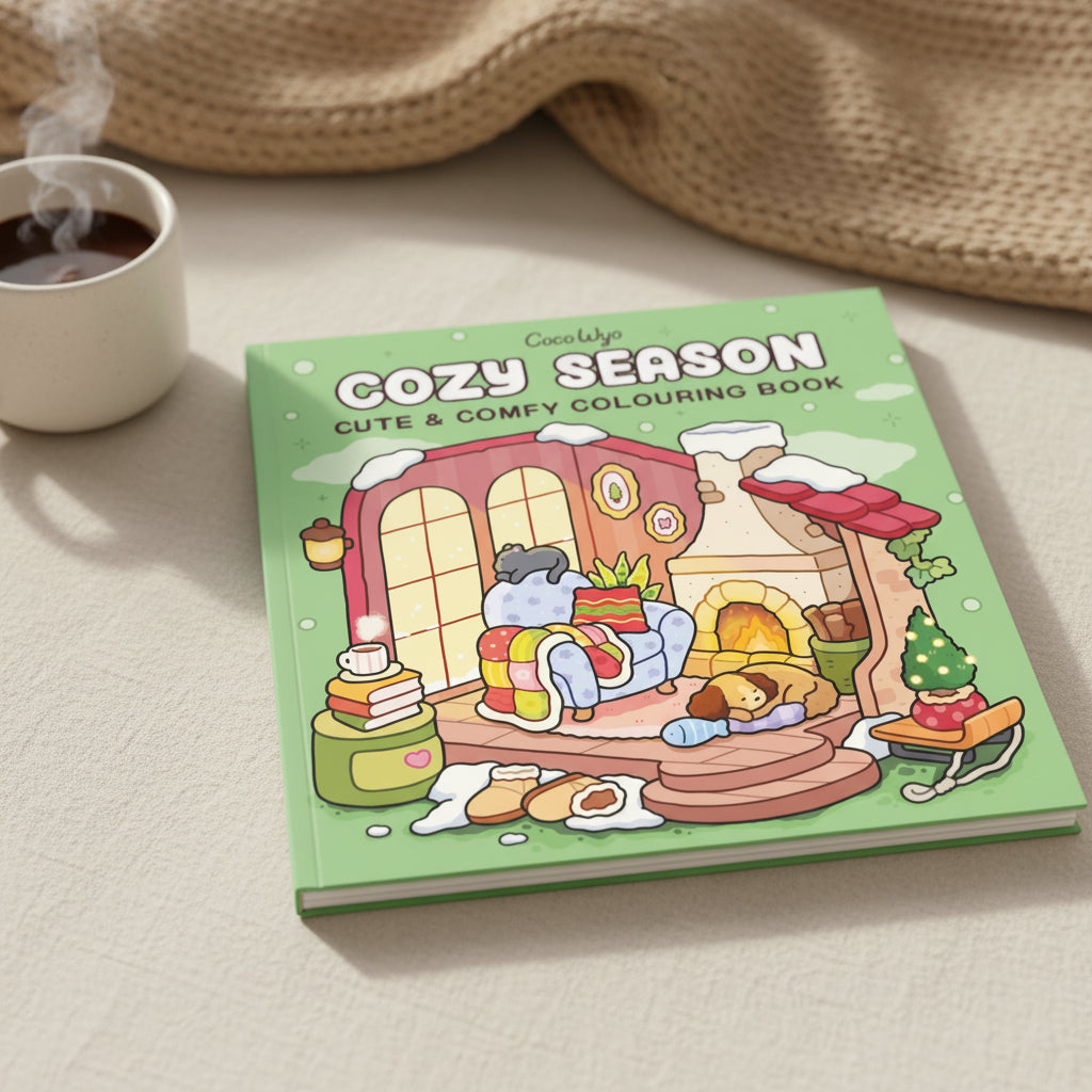 Cozy Season cover with a snowy fireplace and cosy living room scene