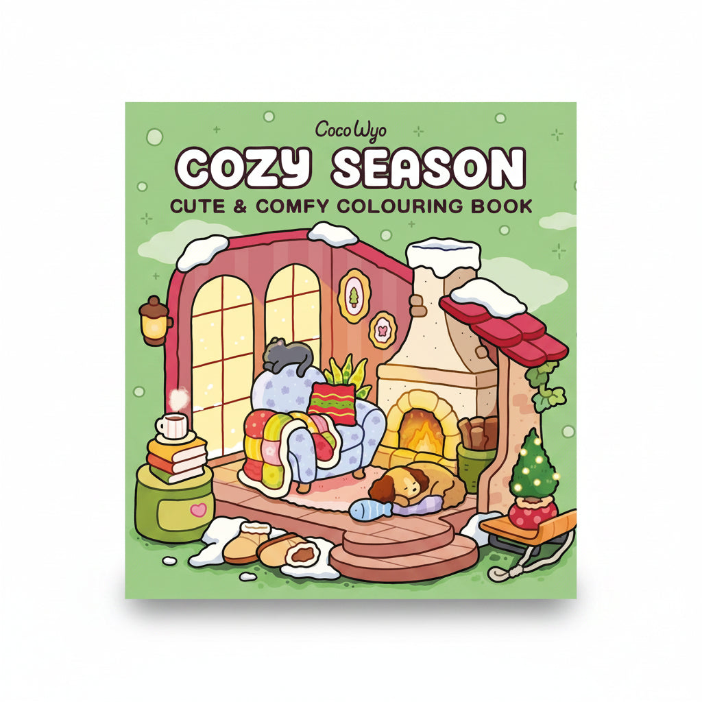 Cozy Season cover with a snowy fireplace and cosy living room scene