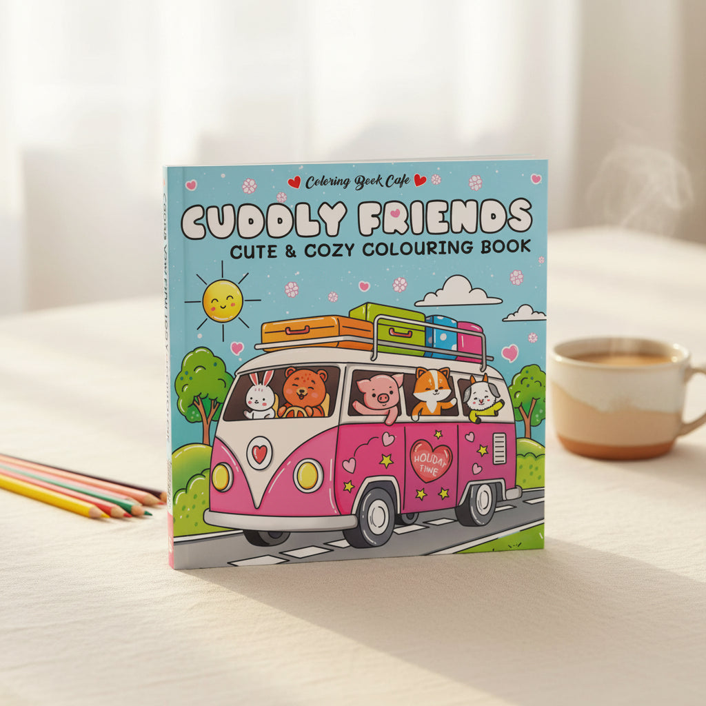 Cuddly Friends cover showing animals riding in a pink camper van