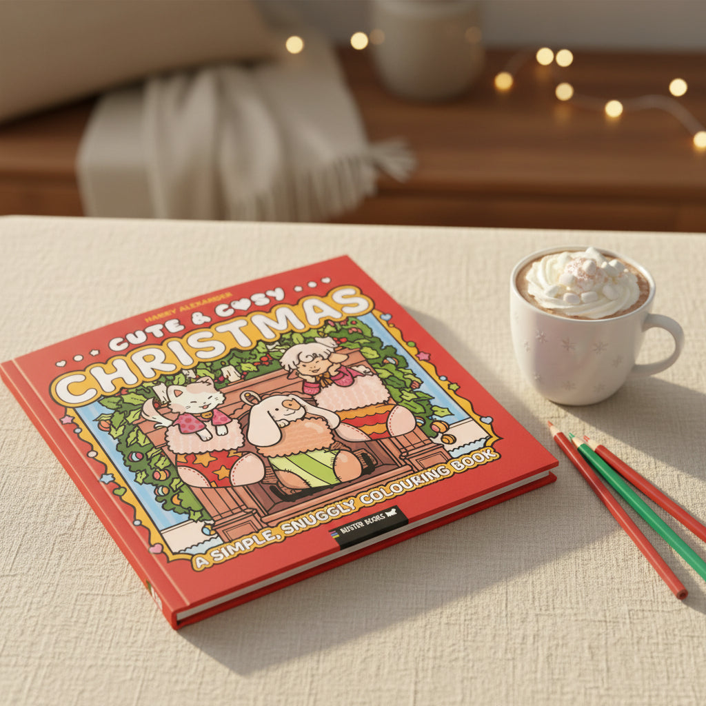 Cute and Cosy Christmas cover with cats and dogs in a festive wreath