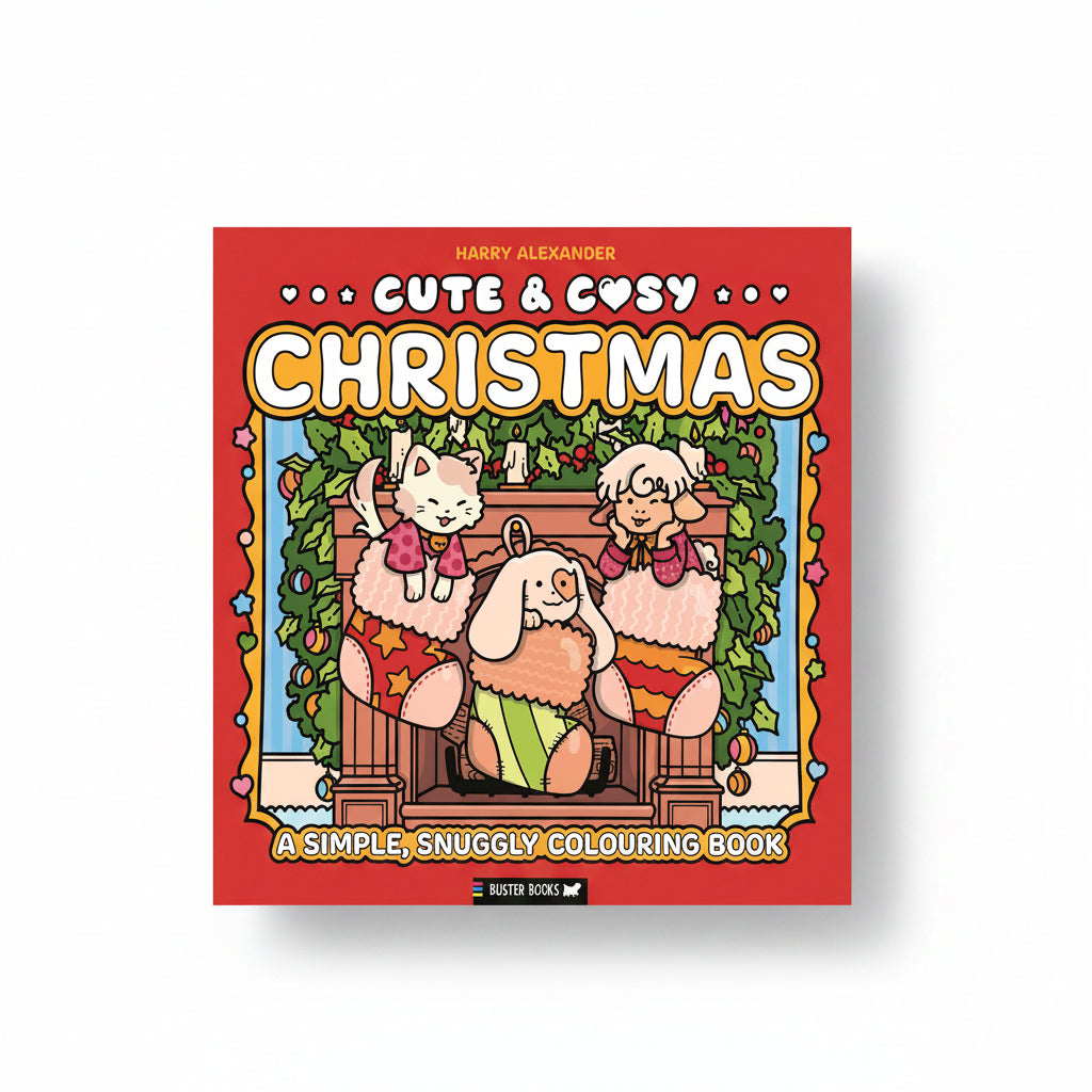Cute and Cosy Christmas cover with cats and dogs in a festive wreath