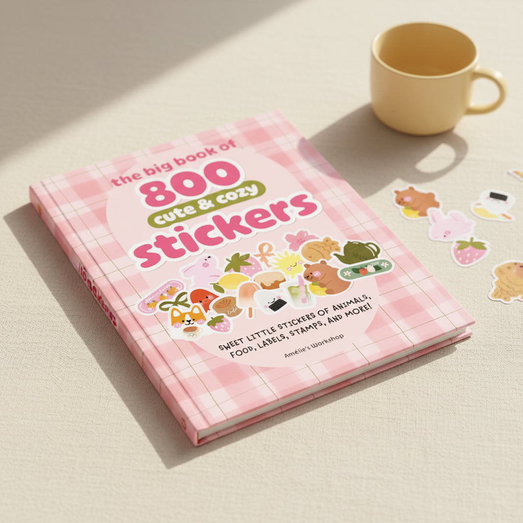 Cute and Cozy sticker book cover with sample stickers on pink background