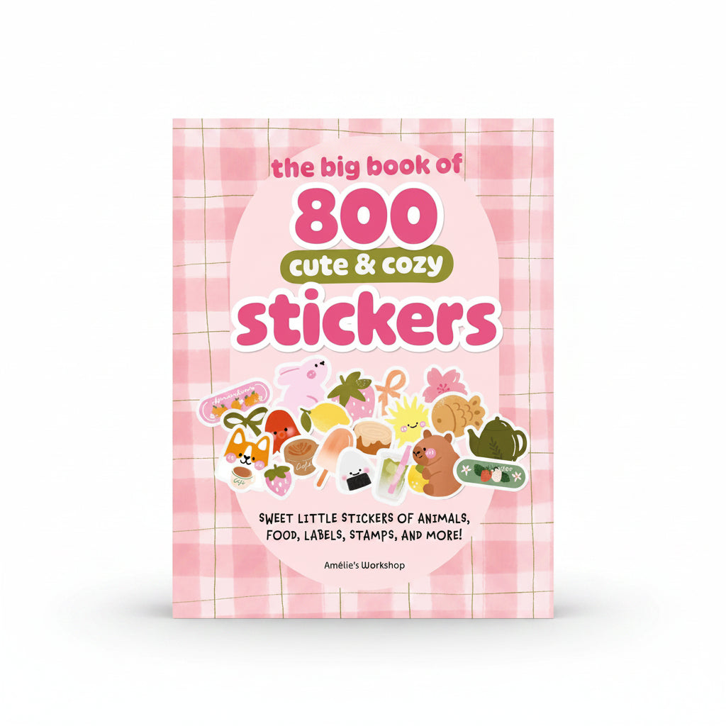 Cute and Cozy sticker book cover with sample stickers on pink background