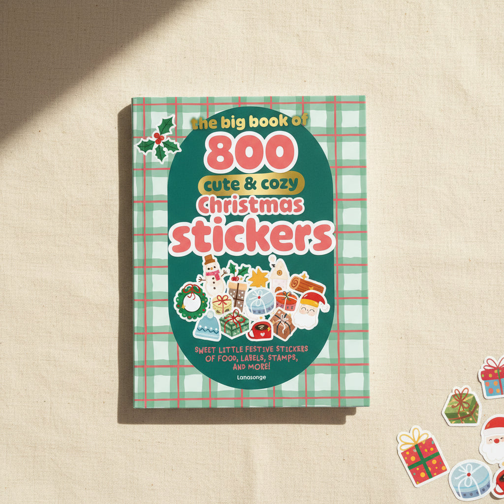 Cute and Cozy Christmas sticker book cover on a green tartan background