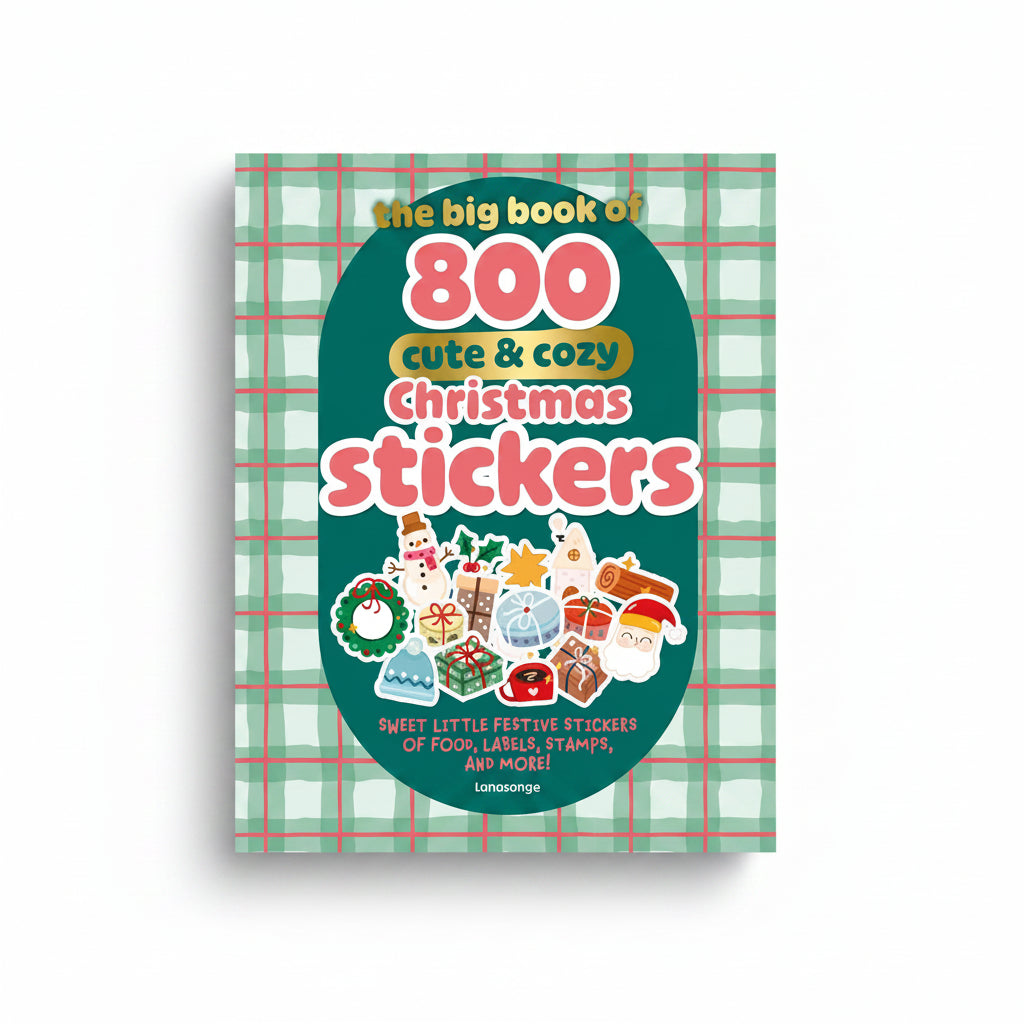 Cute and Cozy Christmas sticker book cover on a green tartan background