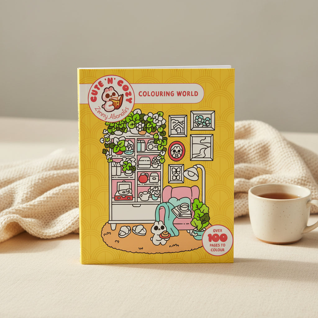 Cute n Cozy Colouring World cover showing a bunny bedroom on yellow