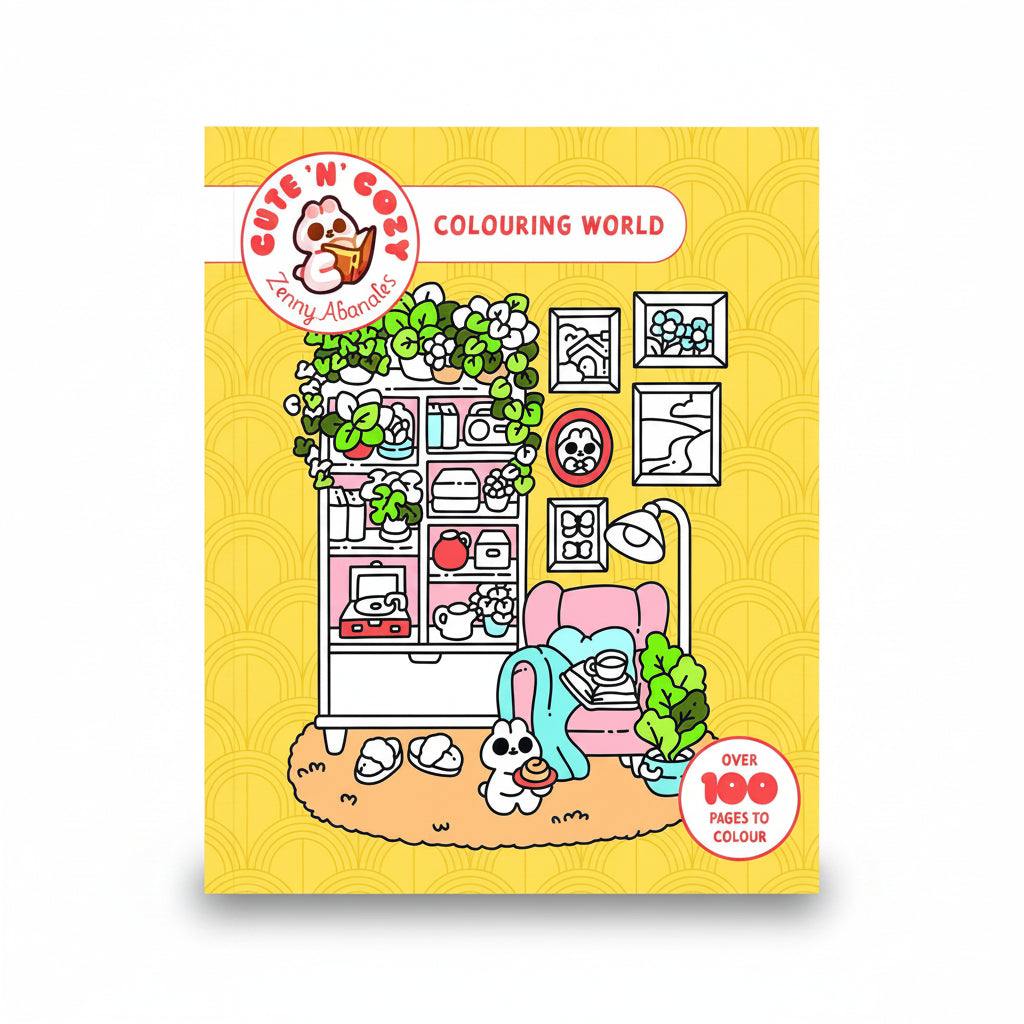 Cute n Cozy Colouring World cover showing a bunny bedroom on yellow