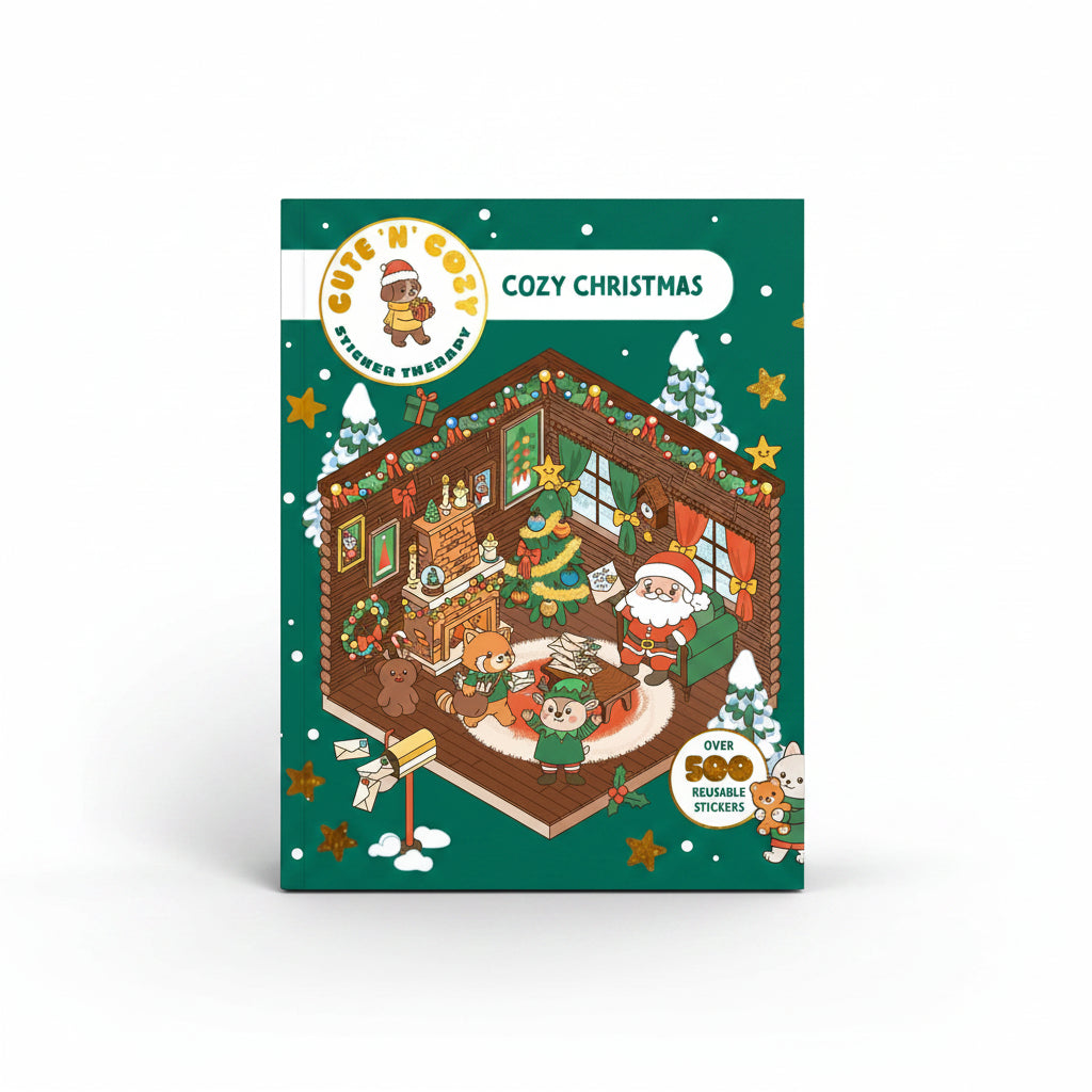 Sticker Therapy Christmas cover with a festive cutaway room scene
