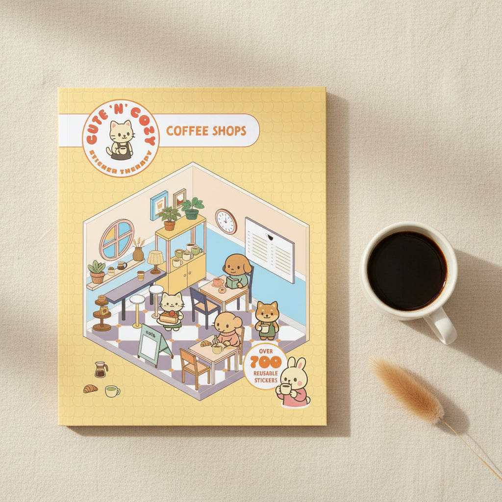 Sticker Therapy Coffee Shops cover showing a cutaway cafe on yellow
