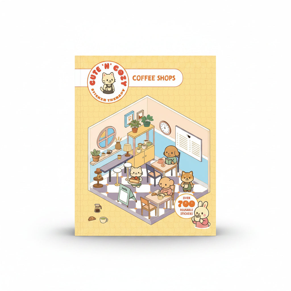 Sticker Therapy Coffee Shops cover showing a cutaway cafe on yellow