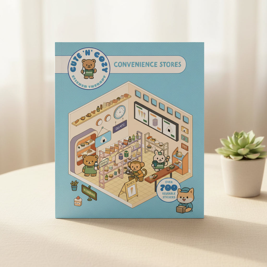 Sticker Therapy Convenience Stores cover with a cutaway shop on blue