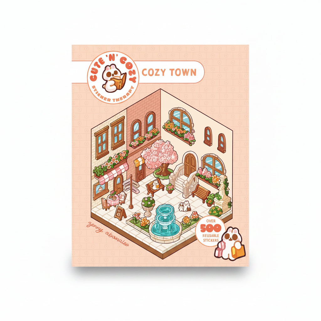 Sticker Therapy Cozy Town cover showing a cutaway town scene on pink