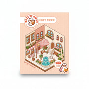 Sticker Therapy Cozy Town cover showing a cutaway town scene on pink