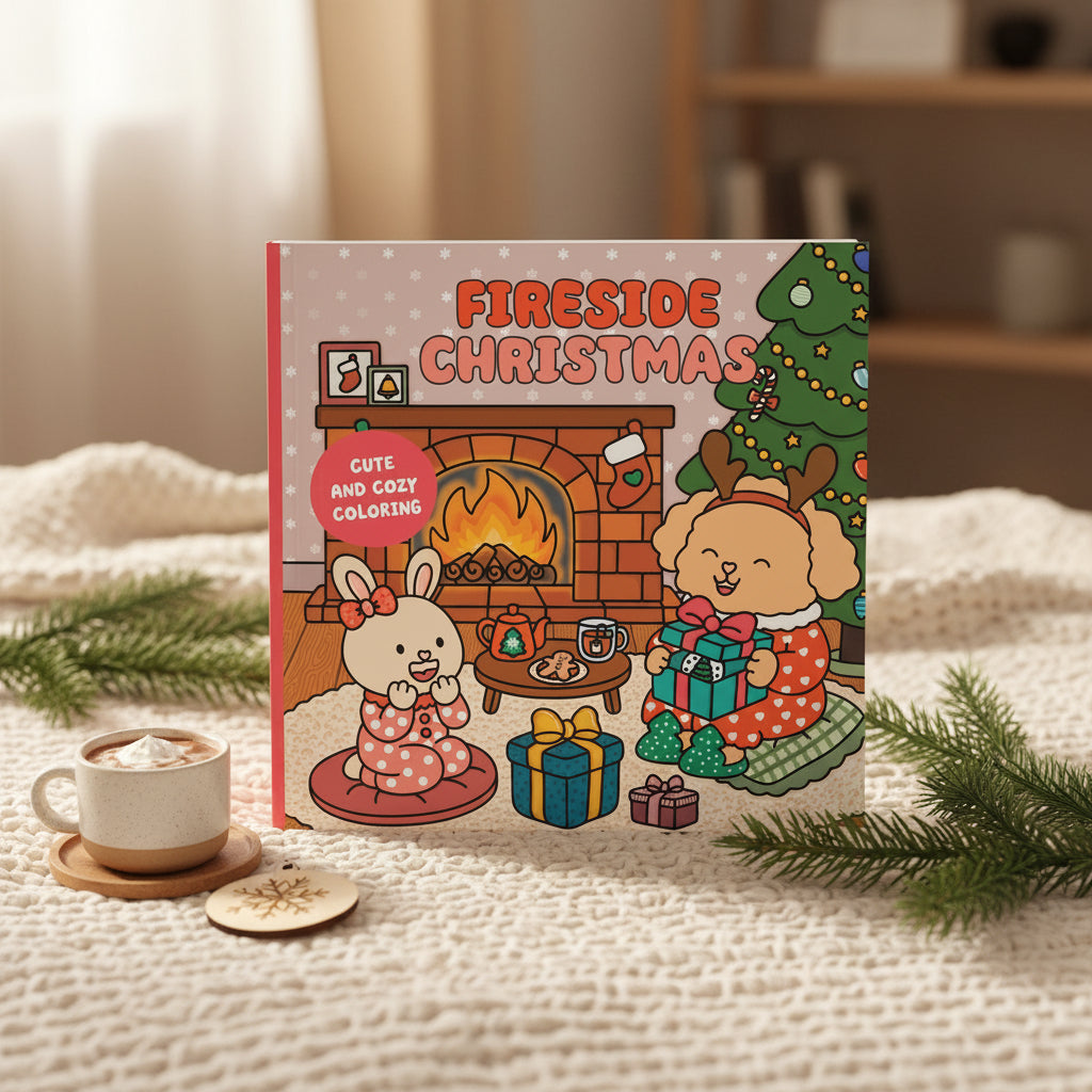 Fireside Christmas cover showing rabbits opening presents by a fire