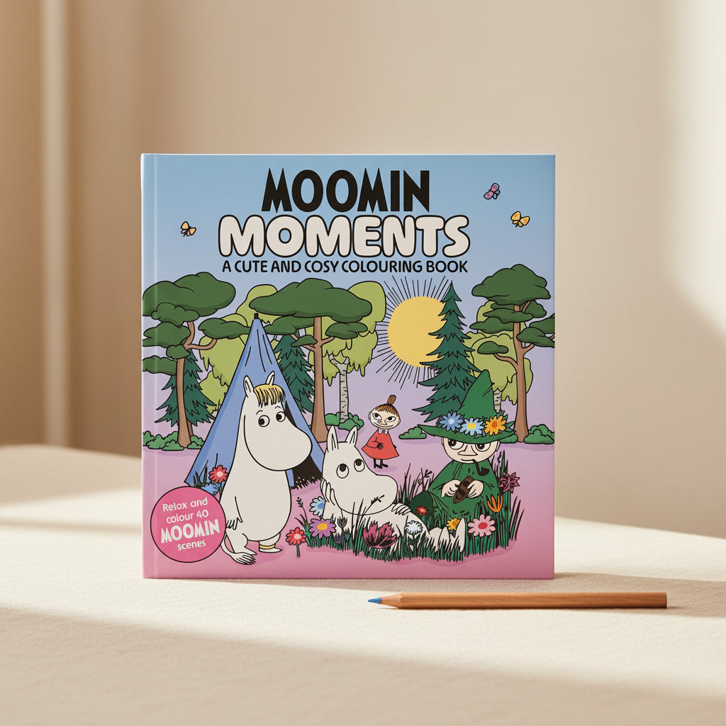 Moomin Moments cover with Moomin characters camping under a moon