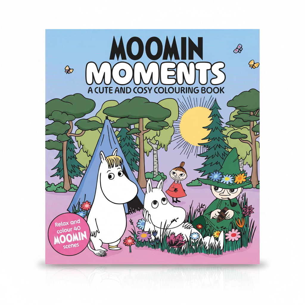 Moomin Moments cover with Moomin characters camping under a moon