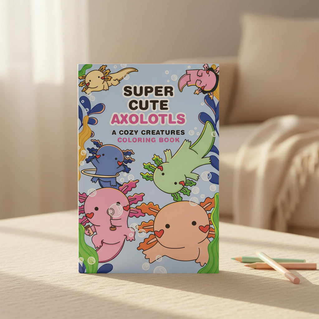 Super Cute Axolotls cover showing pink axolotls on a blue background