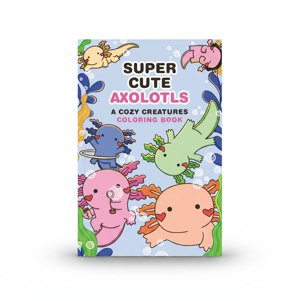 Super Cute Axolotls cover showing pink axolotls on a blue background