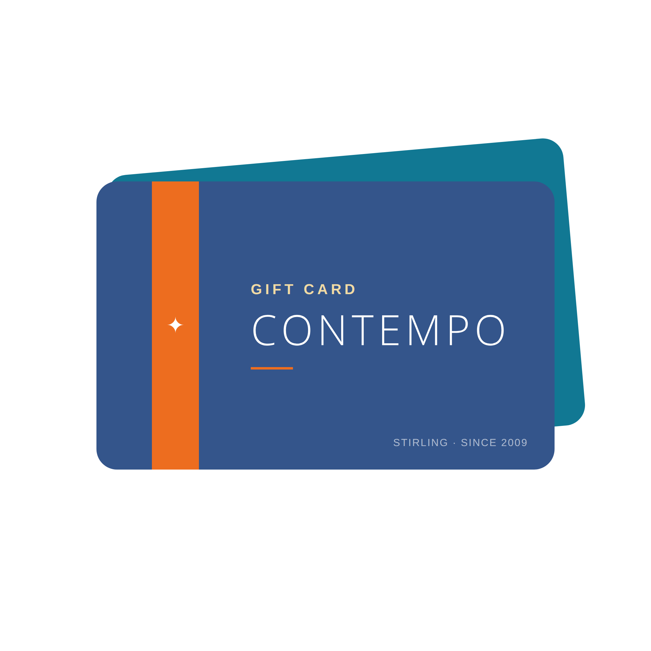 Contempo gift card in brand navy with orange ribbon and CONTEMPO wordmark
