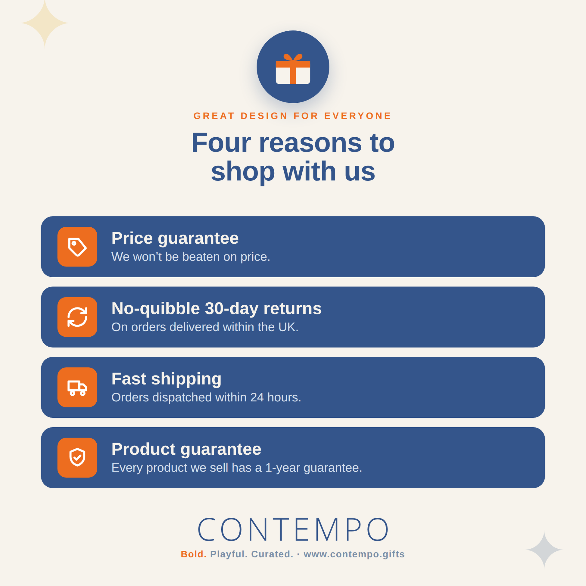 Four reasons to shop with Contempo: price guarantee, 30-day returns, fast shipping, 1-year guarantee