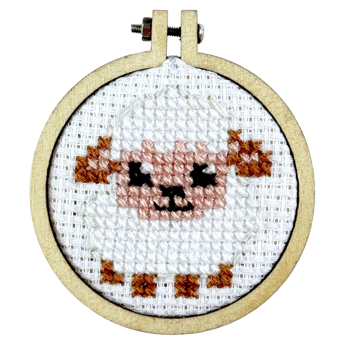 Finished woolly sheep face cross stitch in a 5cm wooden hoop