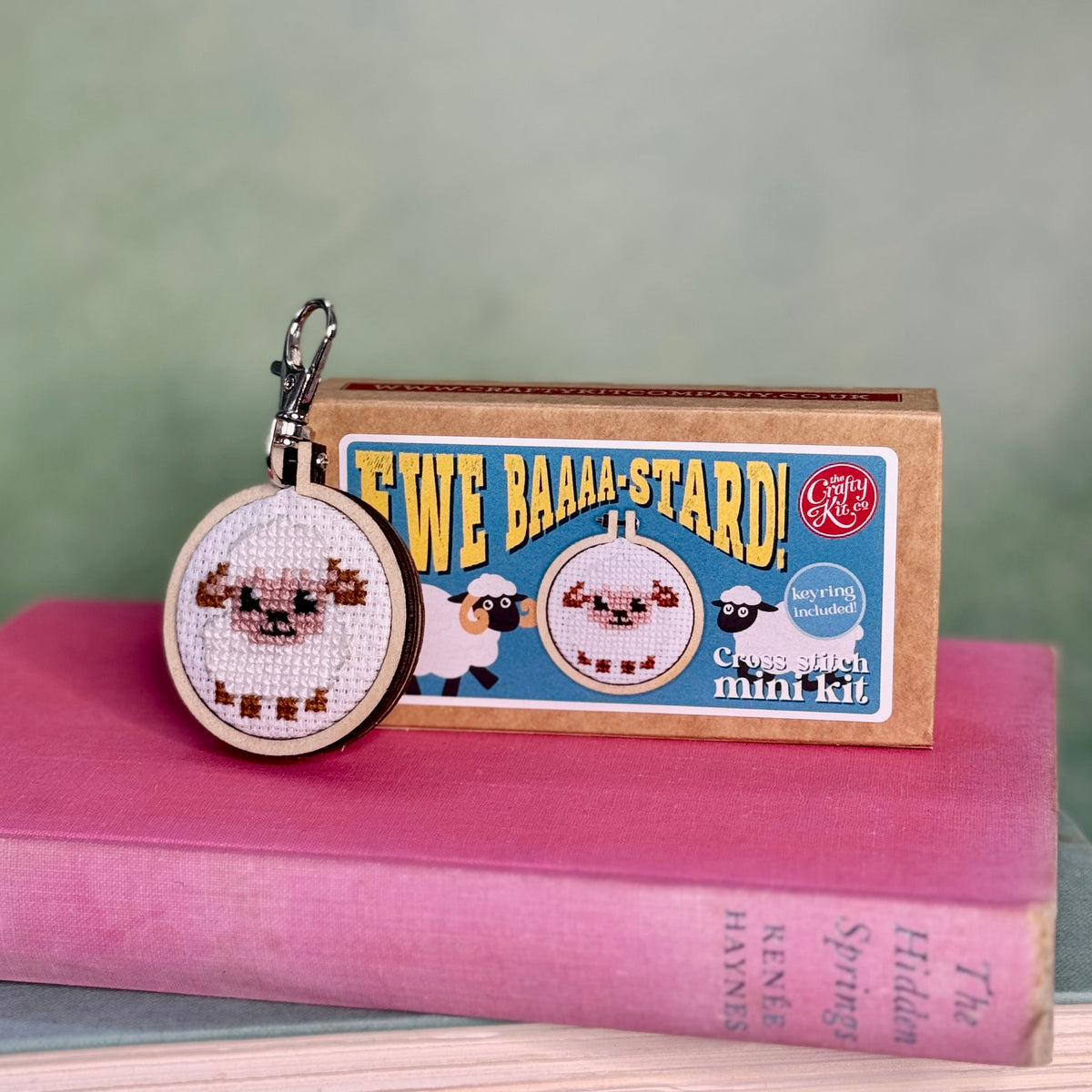 Sheep cross stitch keyring and matchbox resting on a pink book