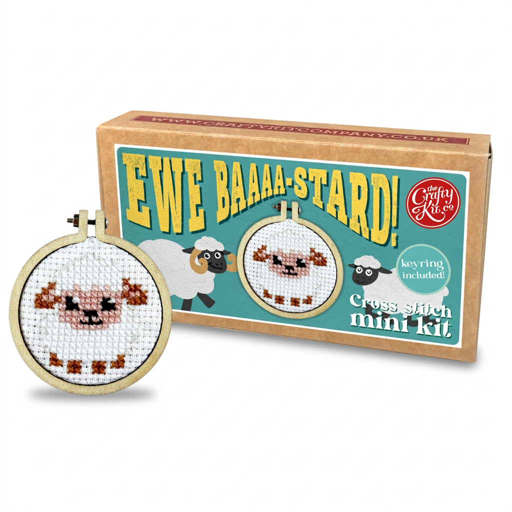 Ewe Baaaa-stard cross stitch kit with finished sheep hoop on lilac