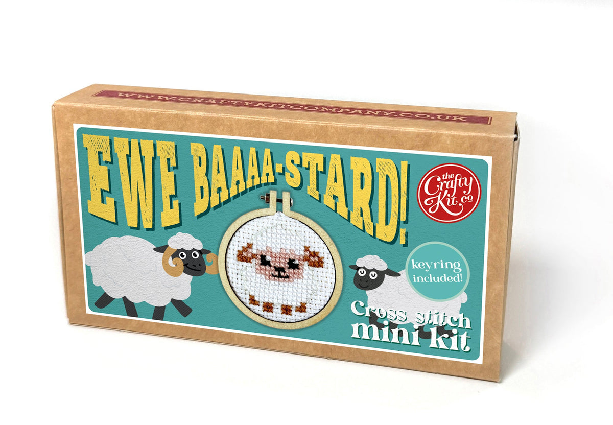 Ewe Baaaa-stard matchbox cross stitch kit box on a white background