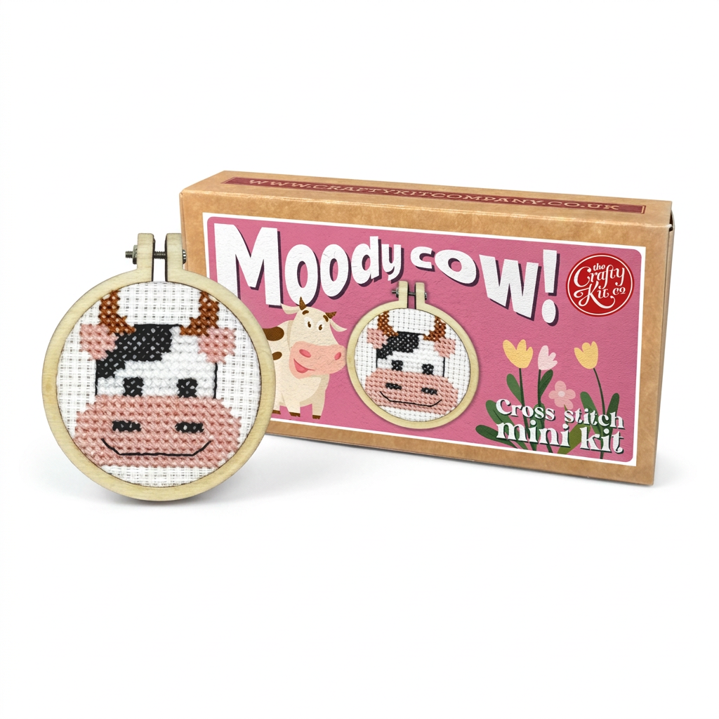 Moody Cow cross stitch kit and finished cow face hoop on lilac