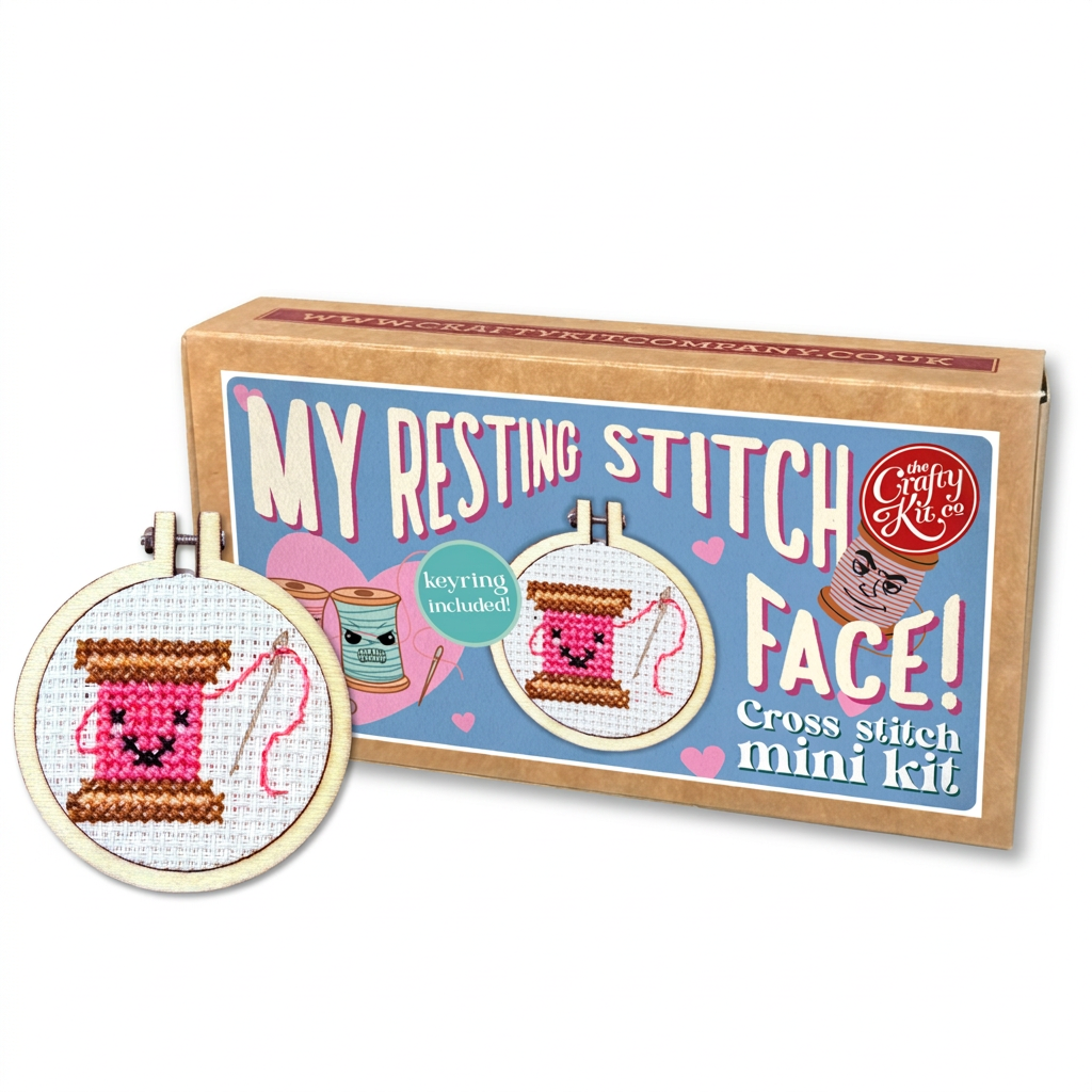 My Resting Stitch Face cross stitch kit with cotton reel hoop on mint