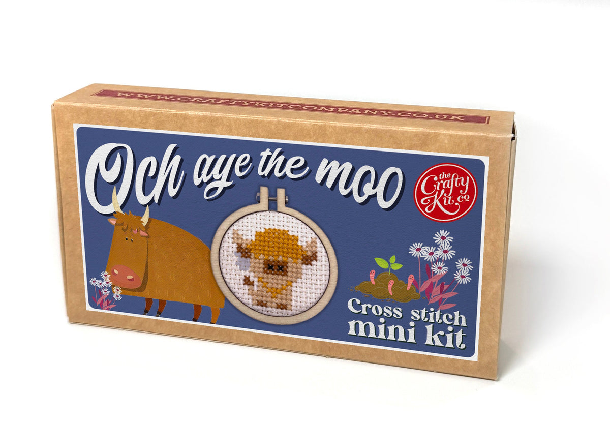 Och Aye The Moo matchbox cross stitch kit box on a white background
