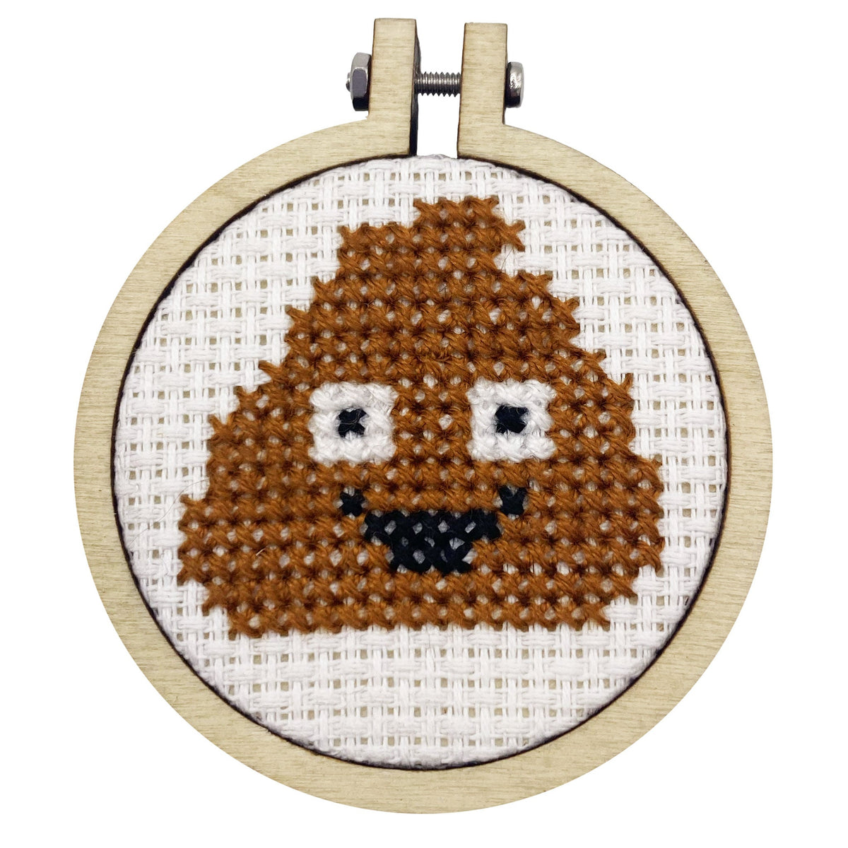 Finished smiling poo emoji cross stitch in a 5cm wooden hoop on white