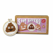 S**t Happens cross stitch kit with finished poo emoji hoop on peach