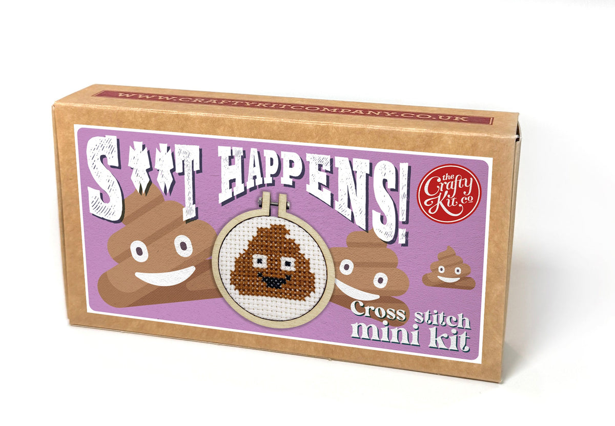 S**t Happens matchbox cross stitch kit box on a white background