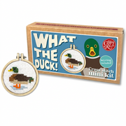 What The Duck cross stitch kit with finished mallard hoop on mint