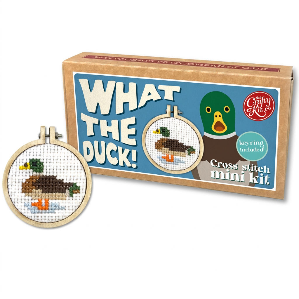 What The Duck cross stitch kit with finished mallard hoop on mint
