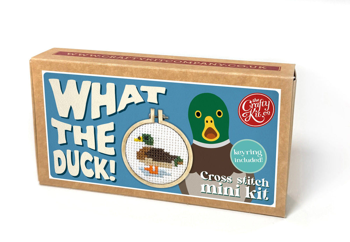 What The Duck matchbox cross stitch kit box on a white background