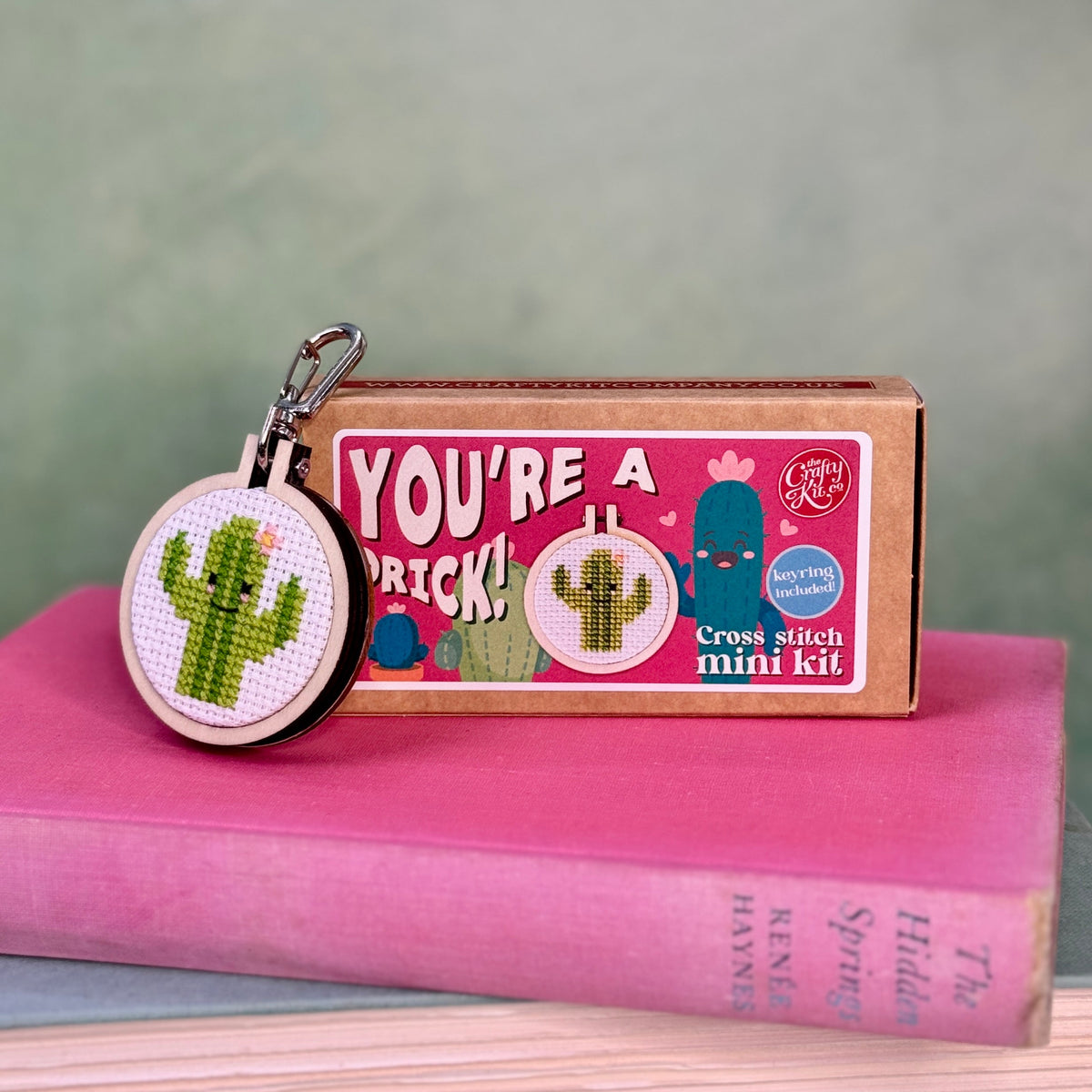 Cactus cross stitch keyring and matchbox resting on a pink book