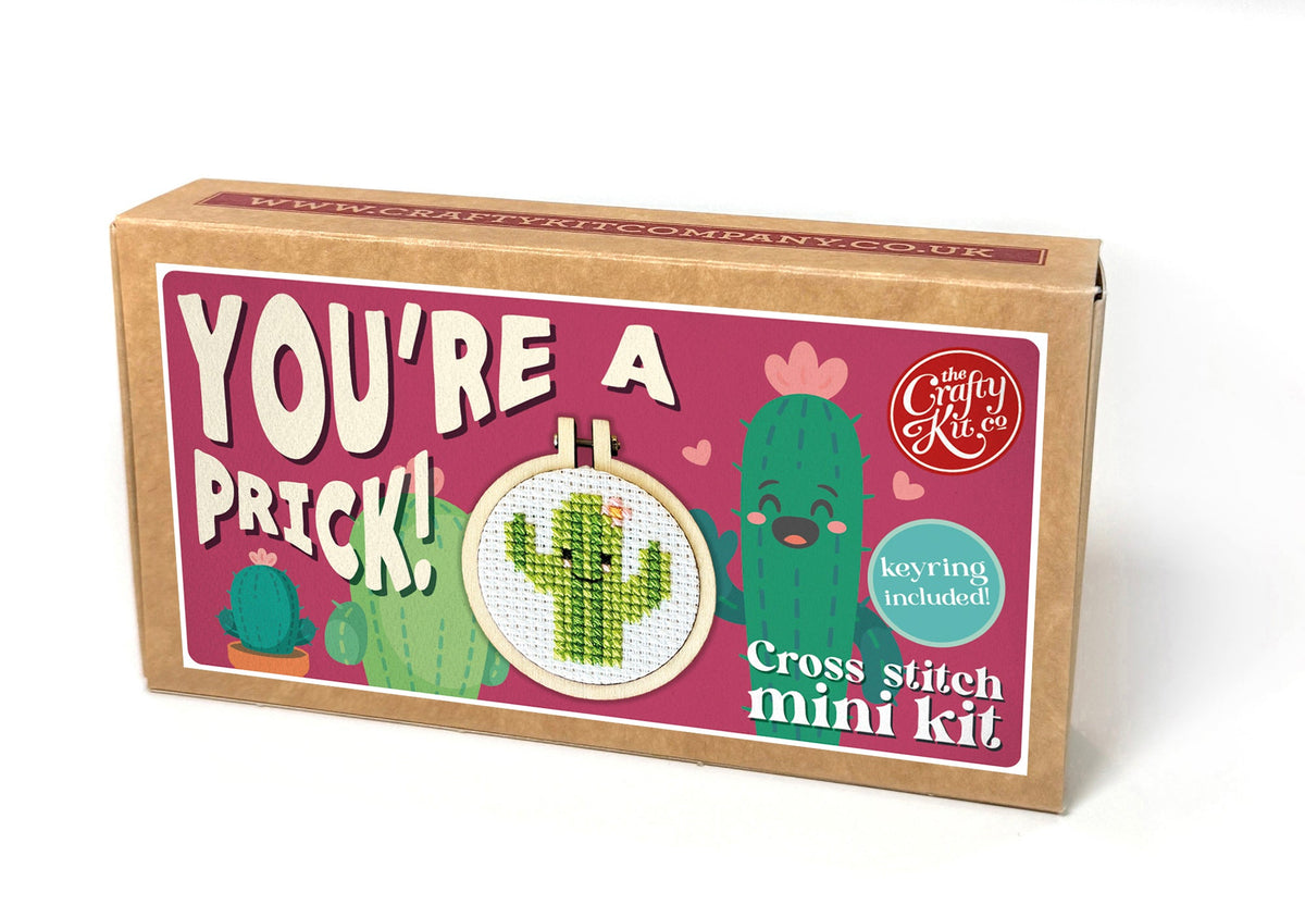 You're a Pr*ck matchbox cross stitch kit box on a white background