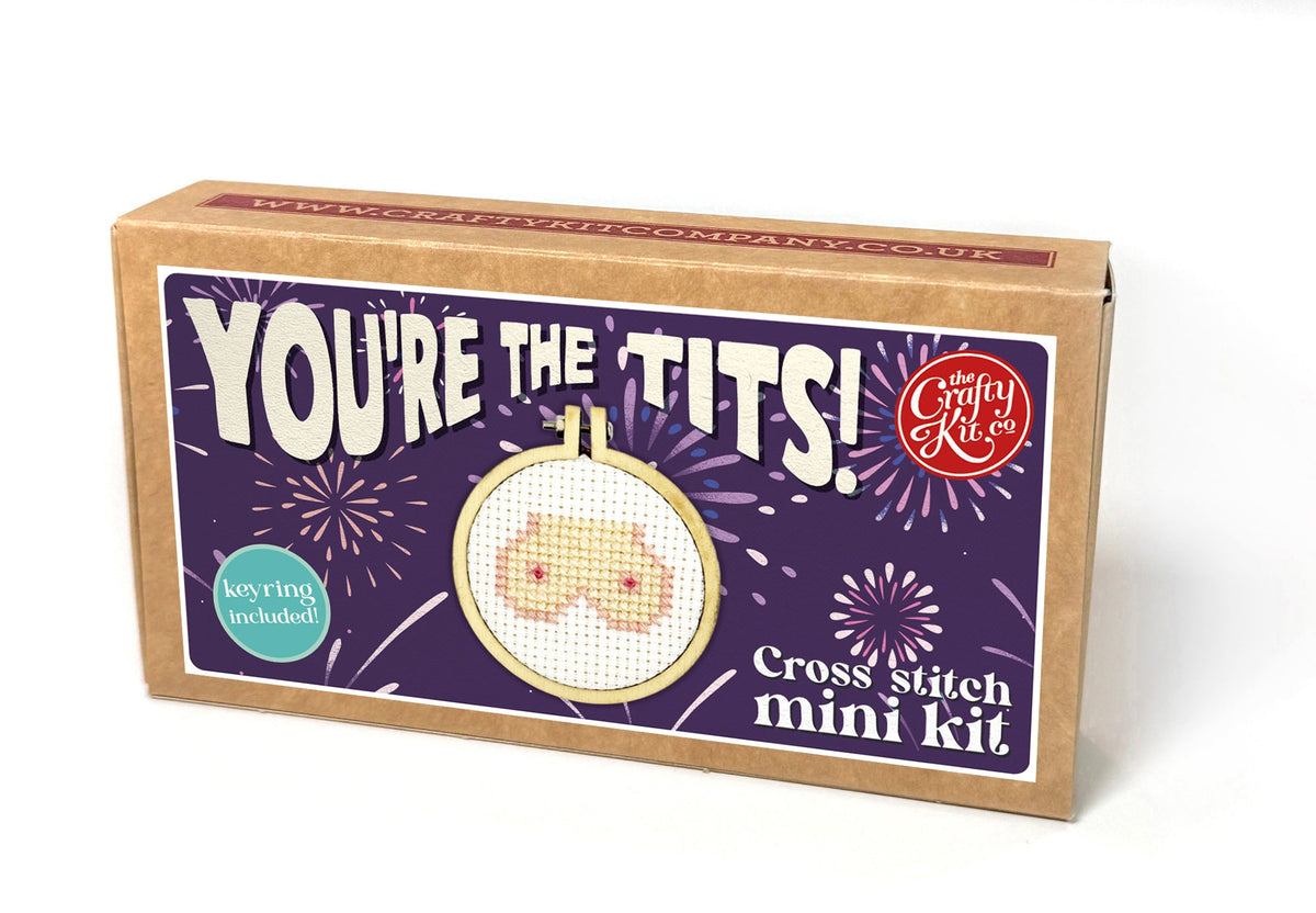 You're The Tits matchbox cross stitch kit box on a white background